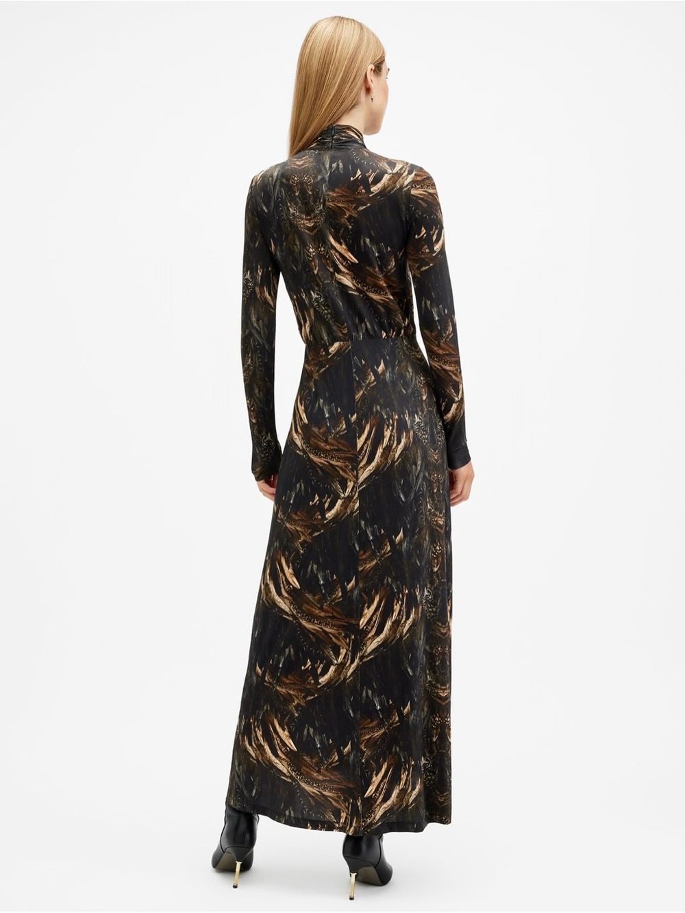 AllSaints Black and Bronze Feather-Print Maxi Dress - Picture 4 of 6